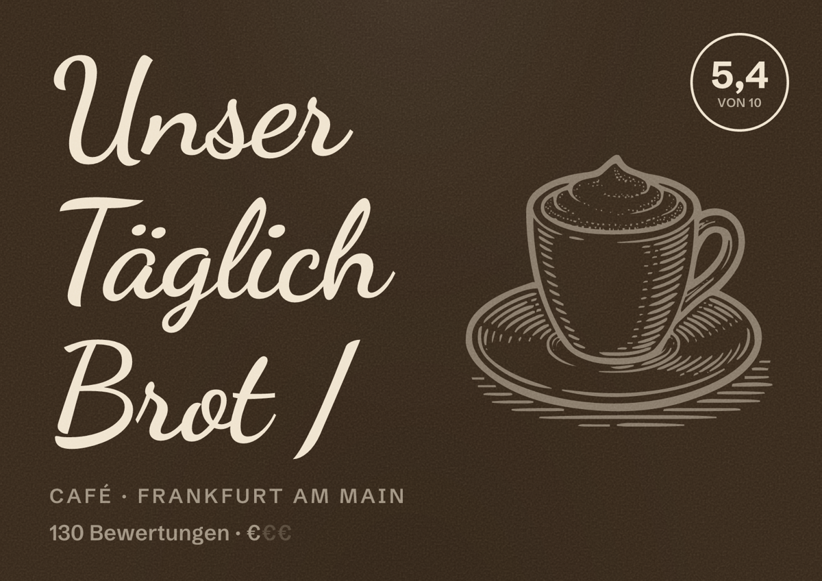 Illustriertes Poster von Unser Täglich Brot /, Café in Frankfurt am Main: Bewertung 5,4 von 10 aus 130 Bewertungen, Preisniveau €