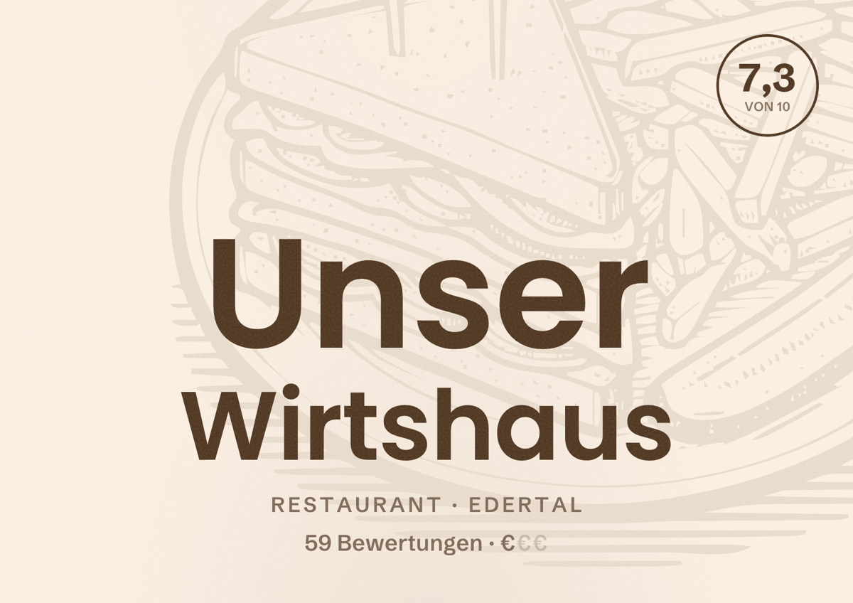 Illustriertes Poster von Unser Wirtshaus, Restaurant in Edertal: Bewertung 7,3 von 10 aus 59 Bewertungen, Preisniveau €