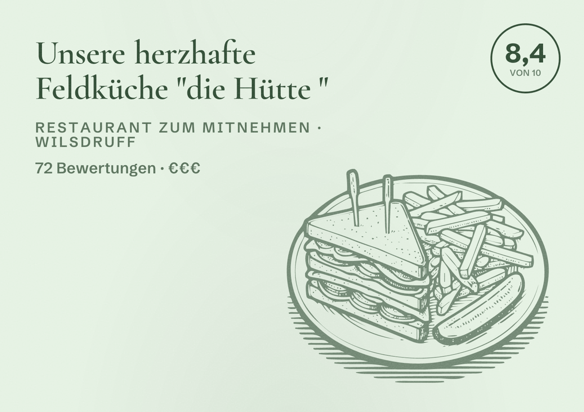 Illustriertes Poster von Unsere herzhafte Feldküche "die Hütte ", Restaurant zum Mitnehmen in Wilsdruff: Bewertung 8,4 von 10 aus 72 Bewertungen, Preisniveau €€€