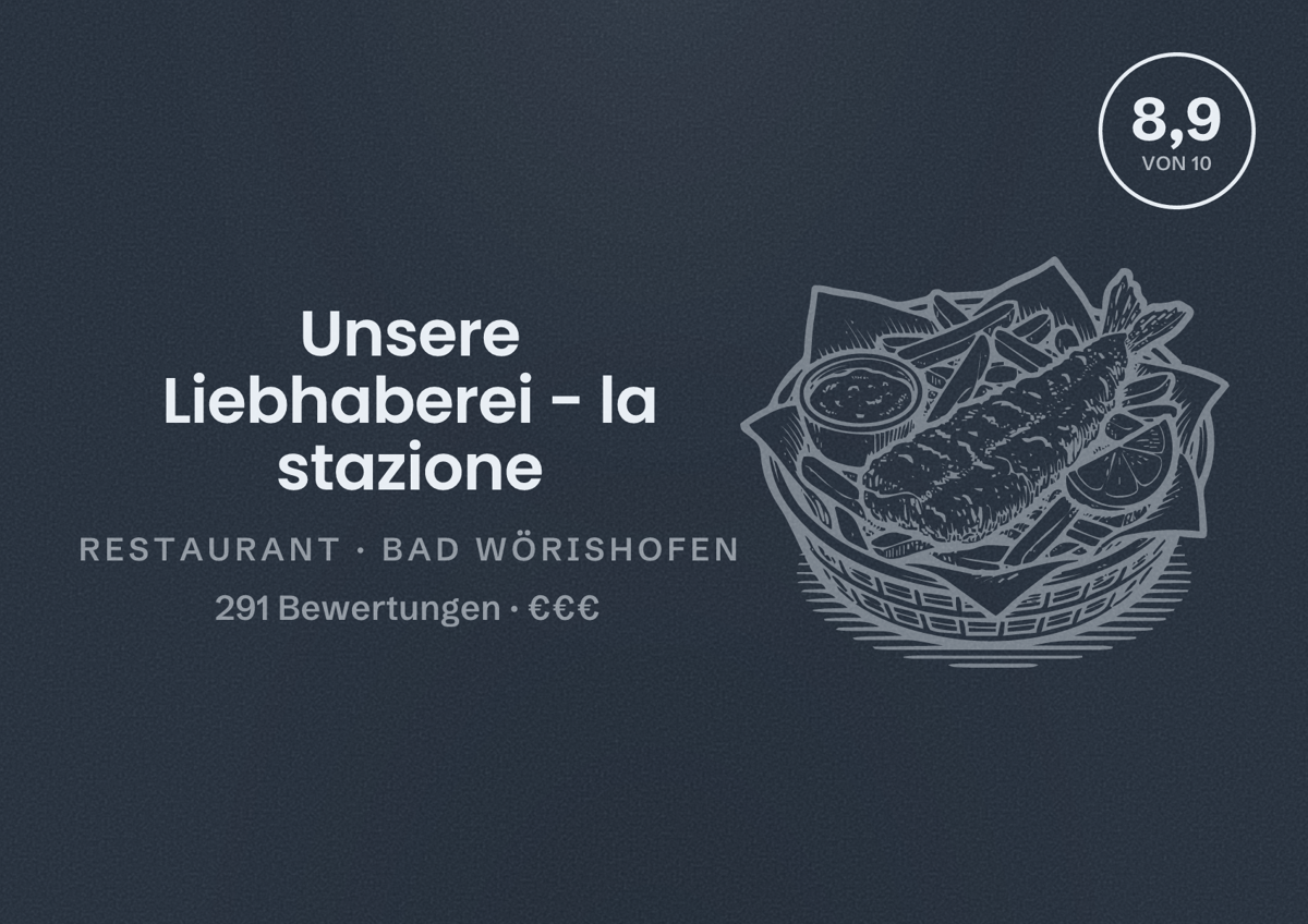 Illustriertes Poster von Unsere Liebhaberei - la stazione, Restaurant in Bad Wörishofen: Bewertung 8,9 von 10 aus 291 Bewertungen, Preisniveau €€€