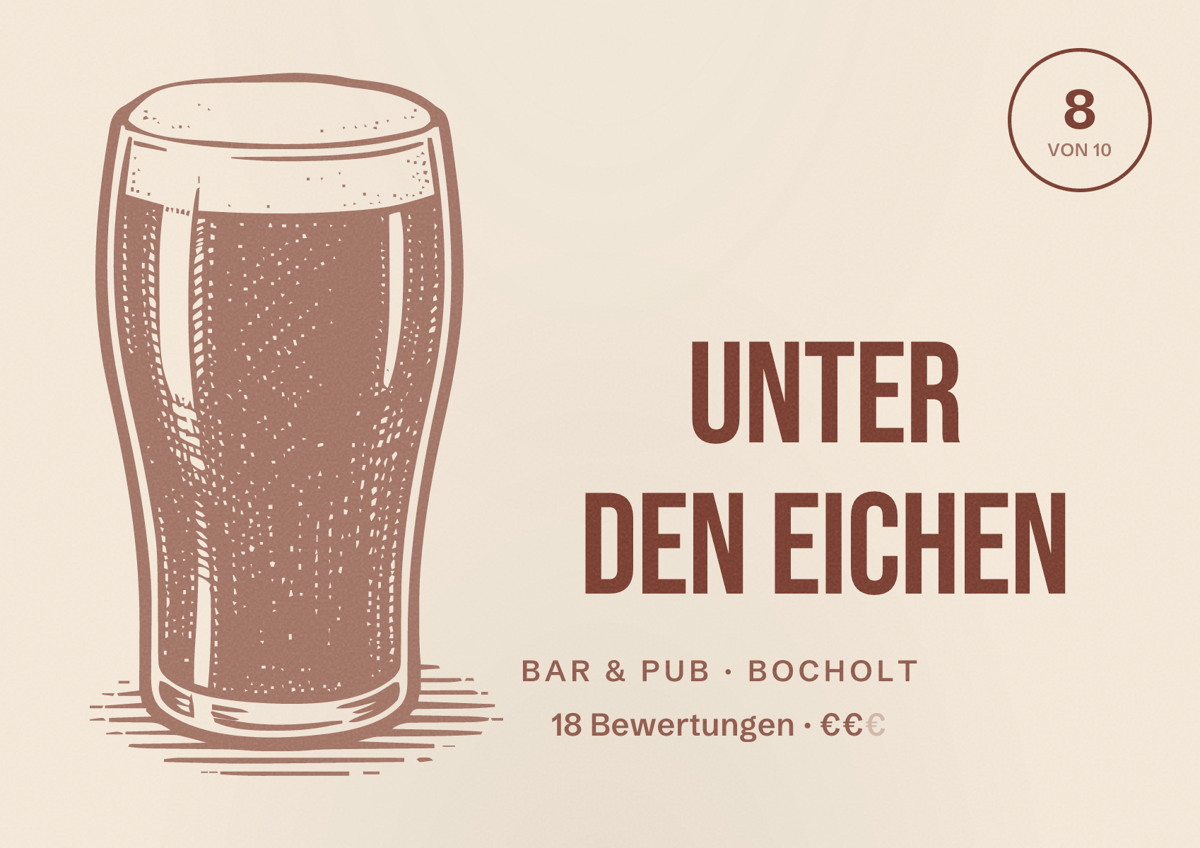 Illustriertes Poster von Unter den Eichen, Bar & Pub in Bocholt: Gästebewertung 8 von 10 aus 18 Bewertungen