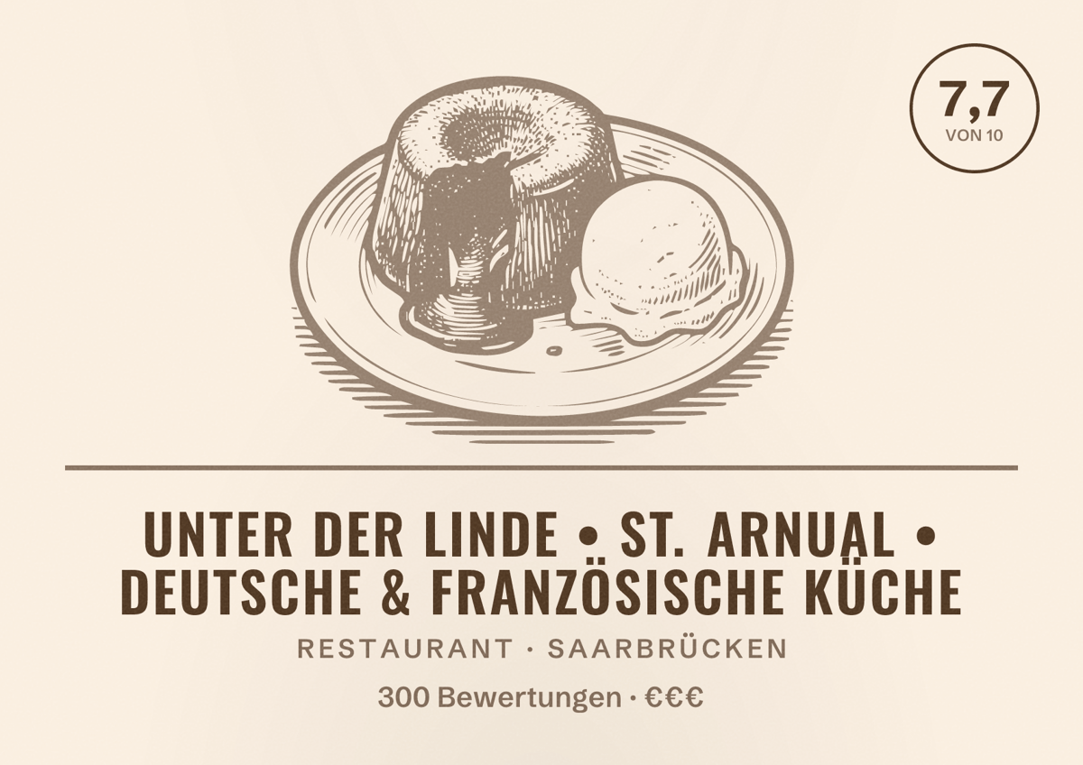 Illustriertes Poster von Unter der Linde • St. Arnual • deutsche & französische Küche, Restaurant in Saarbrücken: Bewertung 7,7 von 10 aus 300 Bewertungen, Preisniveau €€€
