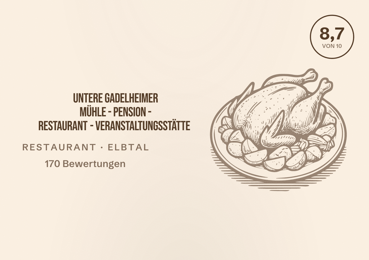 Illustriertes Poster von Untere Gadelheimer Mühle - Pension - Restaurant - Veranstaltungsstätte, Restaurant in Elbtal: Bewertung 8,7 von 10 aus 170 Bewertungen