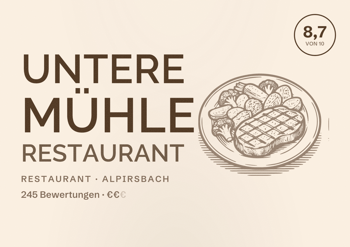 Illustriertes Poster von Untere Mühle Restaurant, Restaurant in Alpirsbach: Bewertung 8,7 von 10 aus 245 Bewertungen, Preisniveau €€