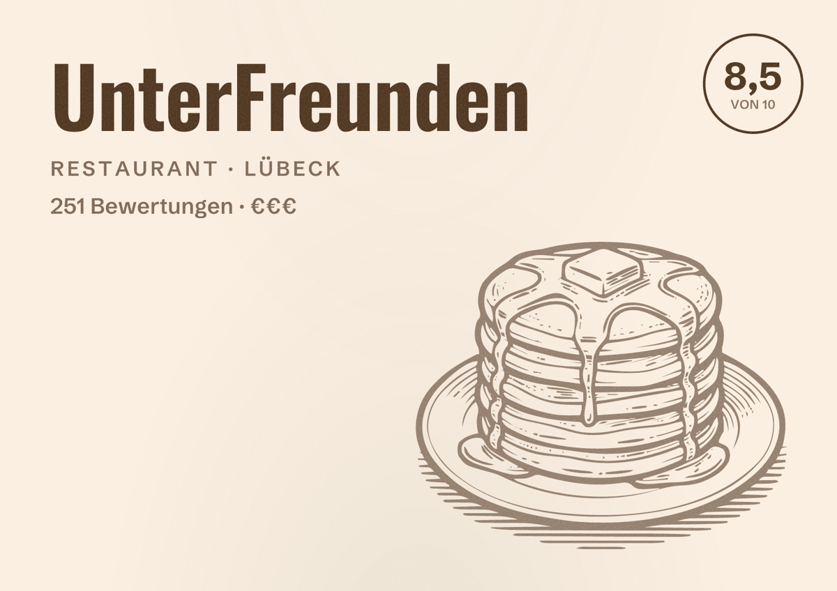 Illustriertes Poster von UnterFreunden, Restaurant in Lübeck: Bewertung 8,5 von 10 aus 251 Bewertungen, Preisniveau €€€