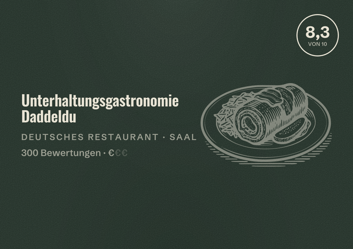 Illustriertes Poster von Unterhaltungsgastronomie Daddeldu, Deutsches Restaurant in Saal: Bewertung 8,3 von 10 aus 300 Bewertungen, Preisniveau €
