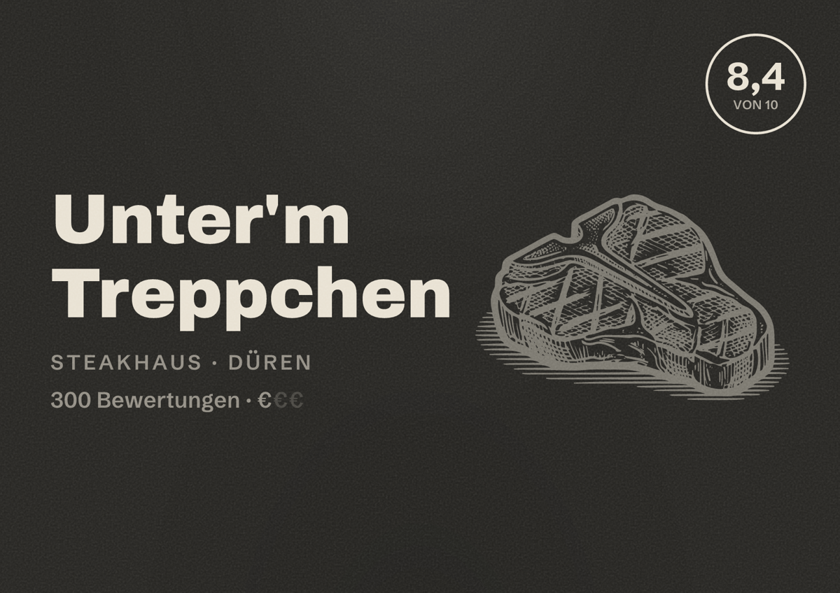 Illustriertes Poster von Unter'm Treppchen, Steakhaus in Düren: Bewertung 8,4 von 10 aus 300 Bewertungen, Preisniveau €