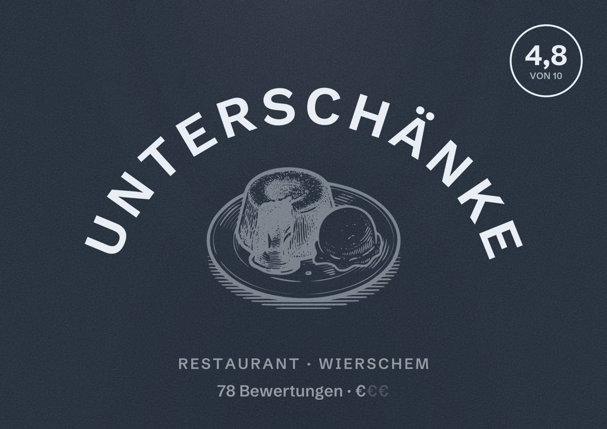 Illustriertes Poster von Unterschänke, Restaurant in Wierschem: Bewertung 4,8 von 10 aus 78 Bewertungen, Preisniveau €