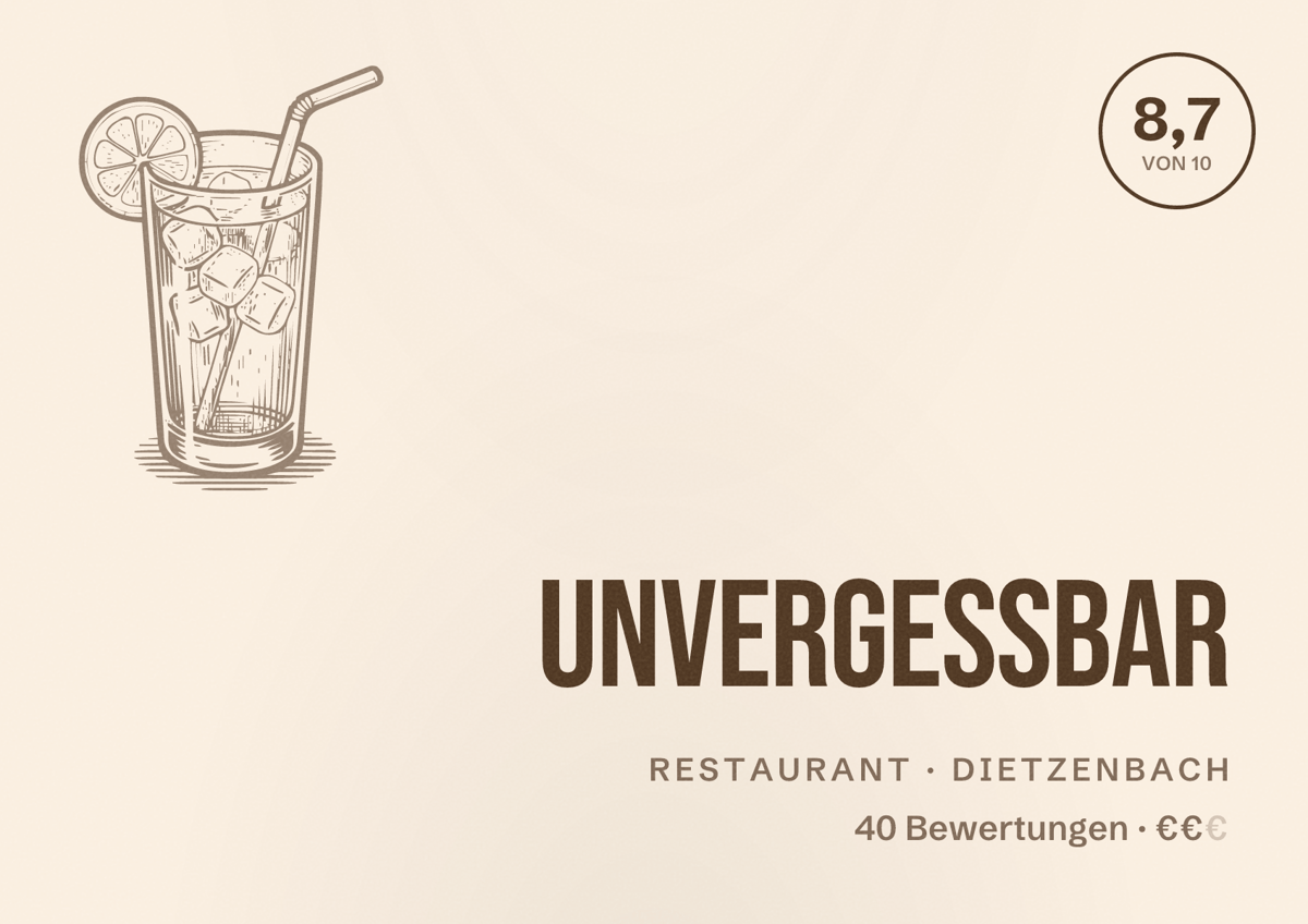 Illustriertes Poster von unvergessbar, Restaurant in Dietzenbach: Bewertung 8,7 von 10 aus 40 Bewertungen, Preisniveau €€