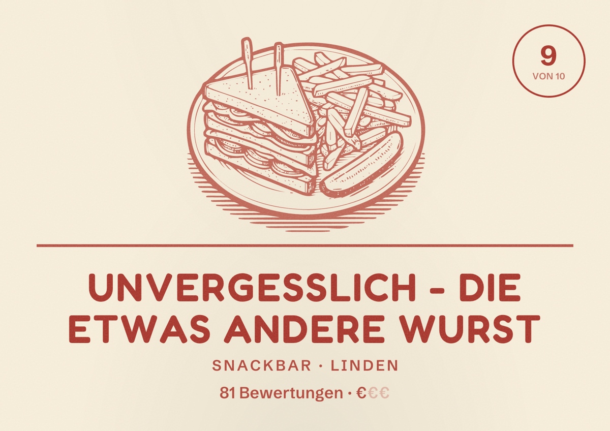 Illustriertes Poster von Unvergesslich - die etwas andere Wurst, Snackbar in Linden: Bewertung 9 von 10 aus 81 Bewertungen, Preisniveau €