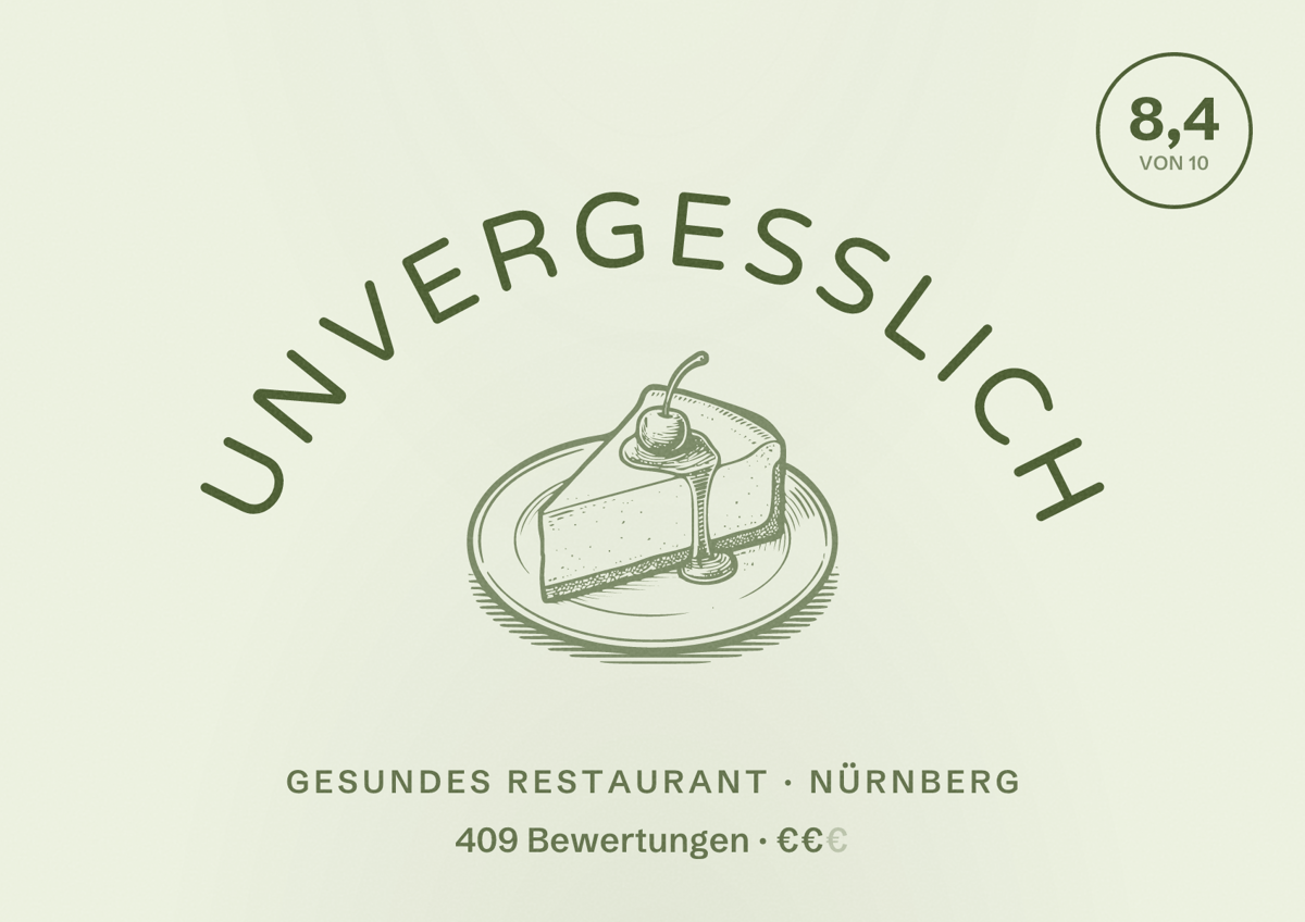 Illustriertes Poster von Unvergesslich, Gesundes Restaurant in Nürnberg: Bewertung 8,4 von 10 aus 409 Bewertungen, Preisniveau €€