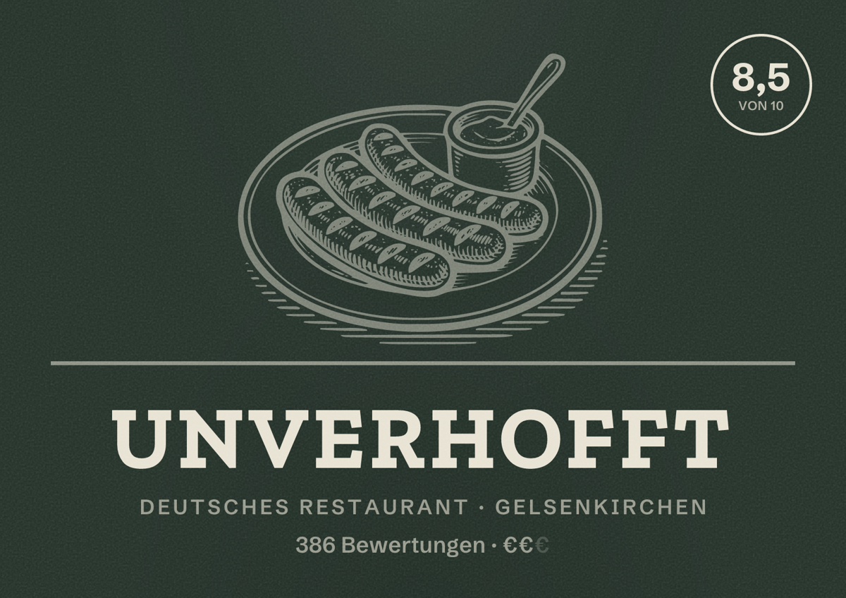 Illustriertes Poster von UNVERHOFFT, Deutsches Restaurant in Gelsenkirchen: Bewertung 8,5 von 10 aus 386 Bewertungen, Preisniveau €€