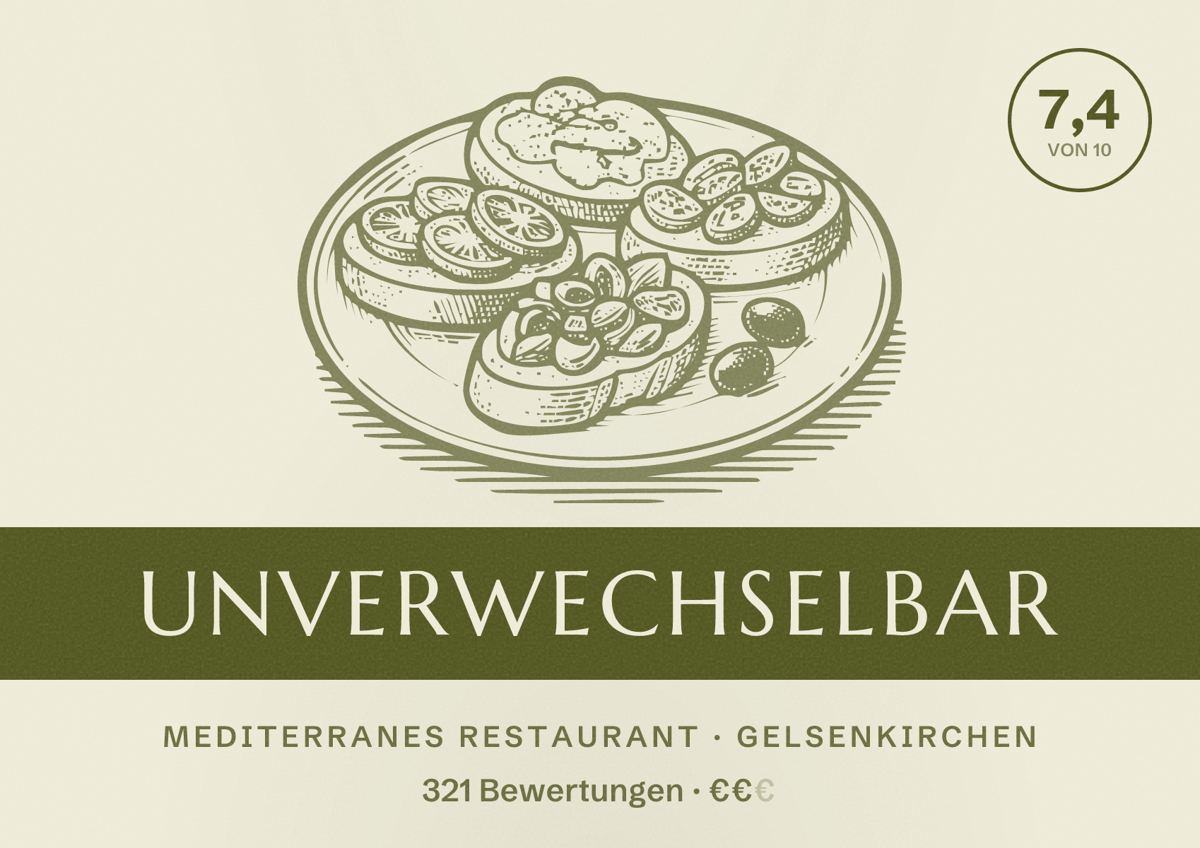 Illustriertes Poster von UnverwechselBAR, Mediterranes Restaurant in Gelsenkirchen: Bewertung 7,4 von 10 aus 321 Bewertungen, Preisniveau €€