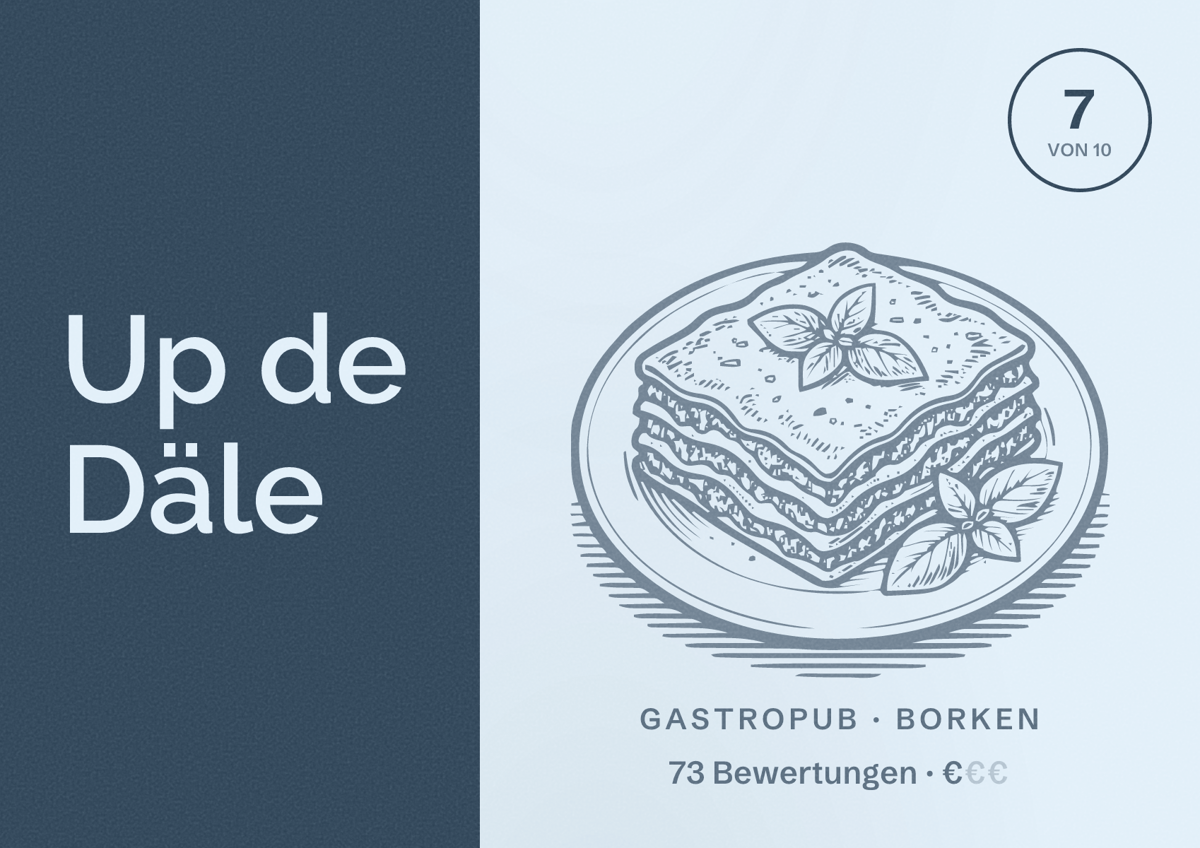 Illustriertes Poster von Up de Däle, Gastropub in Borken: Bewertung 7 von 10 aus 73 Bewertungen, Preisniveau €