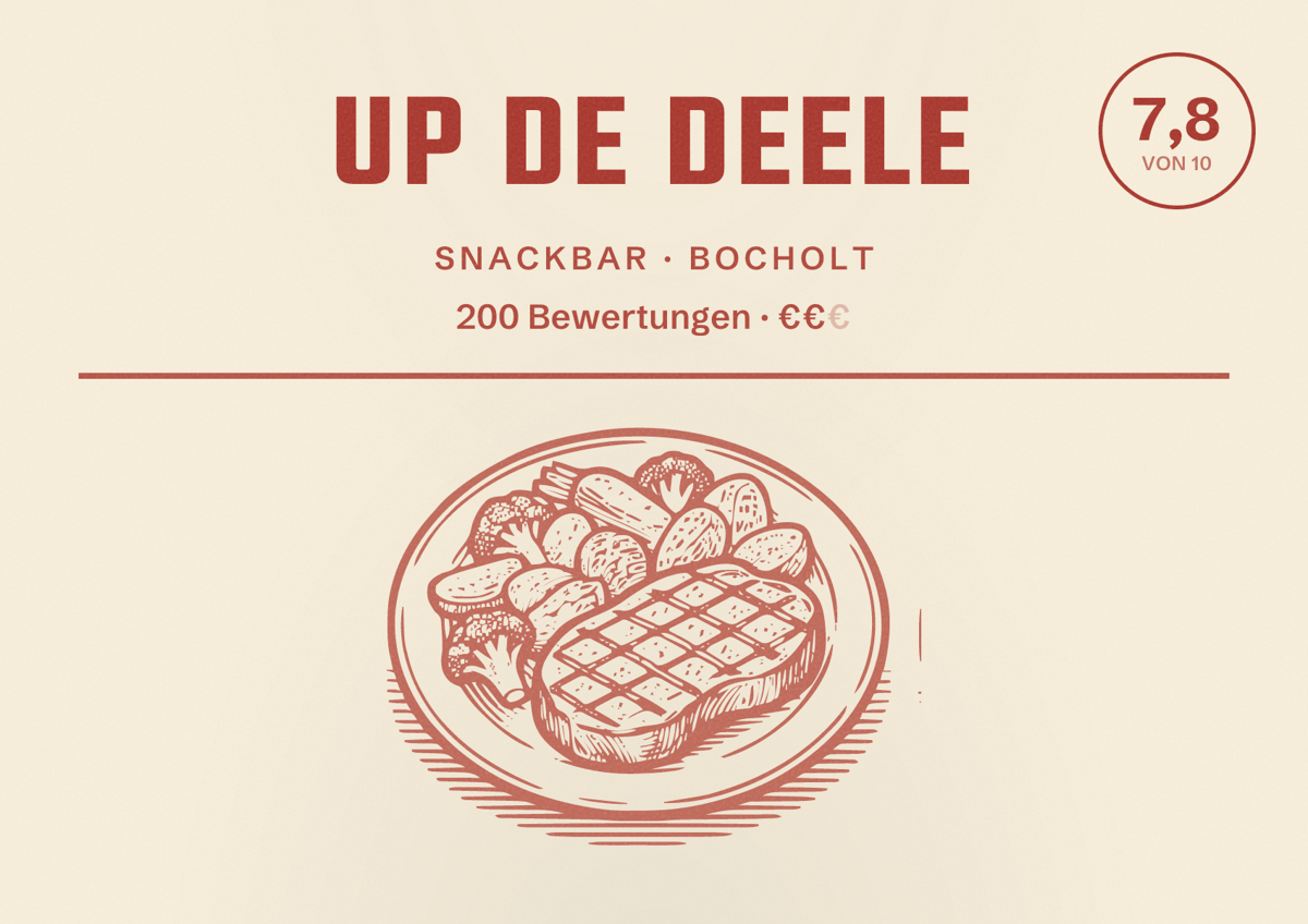 Illustriertes Poster von Up de Deele, Snackbar in Bocholt: Bewertung 7,8 von 10 aus 200 Bewertungen, Preisniveau €€