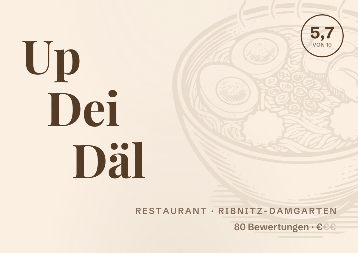 Illustriertes Poster von Up Dei Däl, Restaurant in Ribnitz-Damgarten: Bewertung 5,7 von 10 aus 80 Bewertungen, Preisniveau €