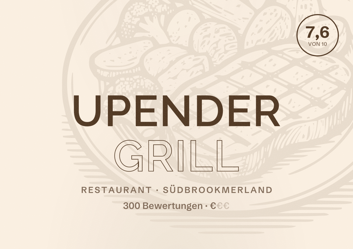 Illustriertes Poster von Upender Grill, Restaurant in Südbrookmerland: Bewertung 7,6 von 10 aus 300 Bewertungen, Preisniveau €