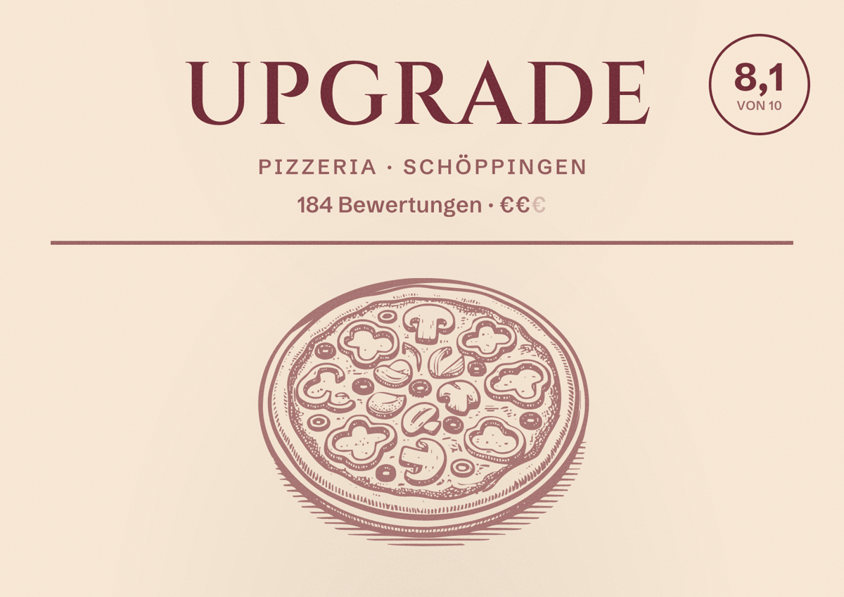 Illustriertes Poster von UPGRADE, Pizzeria in Schöppingen: Bewertung 8,1 von 10 aus 184 Bewertungen, Preisniveau €€