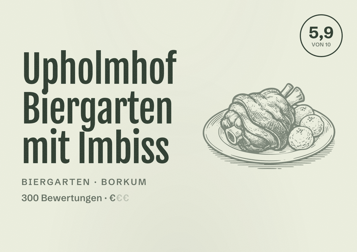Illustriertes Poster von Upholmhof Biergarten mit Imbiss, Biergarten in Borkum: Bewertung 5,9 von 10 aus 300 Bewertungen, Preisniveau €