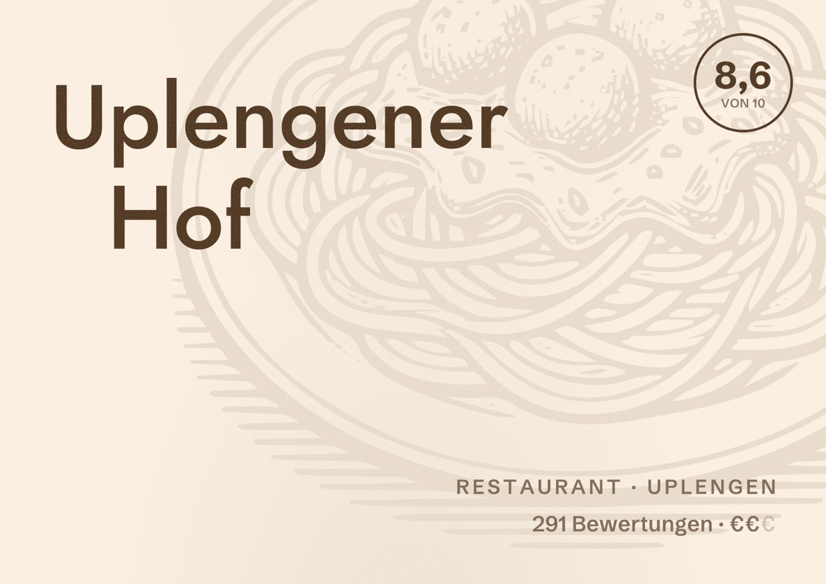 Illustriertes Poster von Uplengener Hof, Restaurant in Uplengen: Bewertung 8,6 von 10 aus 291 Bewertungen, Preisniveau €€