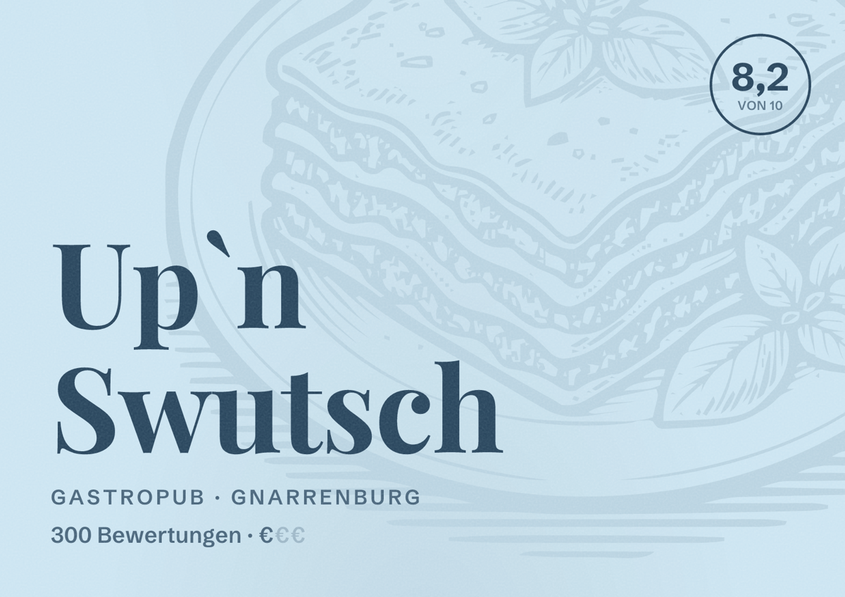 Illustriertes Poster von Up`n Swutsch, Gastropub in Gnarrenburg: Bewertung 8,2 von 10 aus 300 Bewertungen, Preisniveau €