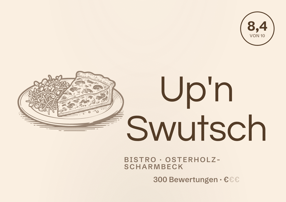 Illustriertes Poster von Up'n Swutsch, Bistro in Osterholz-Scharmbeck: Bewertung 8,4 von 10 aus 300 Bewertungen, Preisniveau €