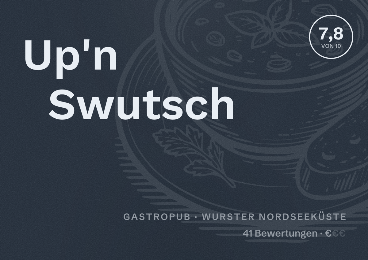 Illustriertes Poster von Up'n Swutsch, Gastropub in Wurster Nordseeküste: Bewertung 7,8 von 10 aus 41 Bewertungen, Preisniveau €