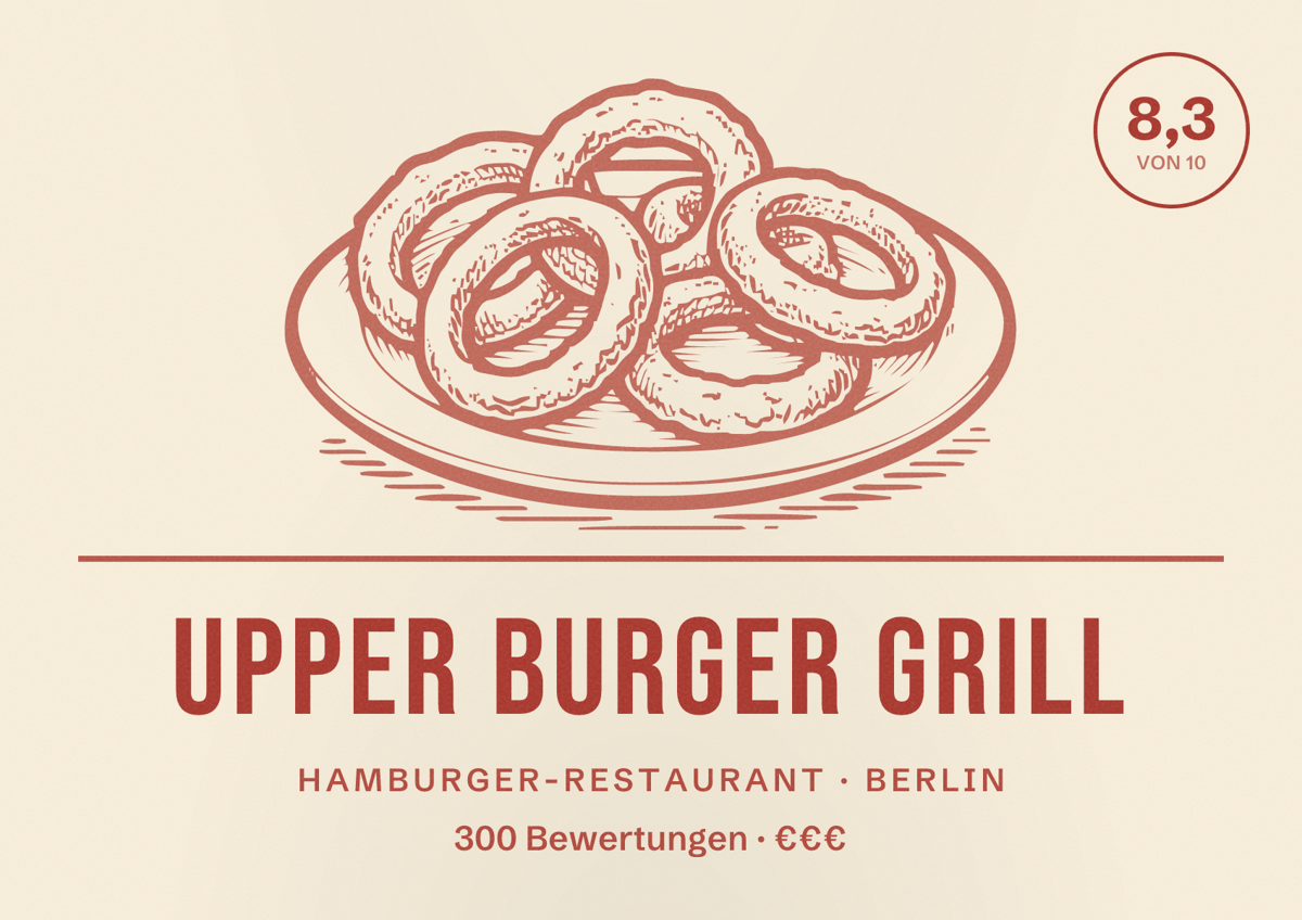 Illustriertes Poster von Upper Burger Grill, Hamburger-Restaurant in Berlin: Bewertung 8,3 von 10 aus 300 Bewertungen, Preisniveau €€€