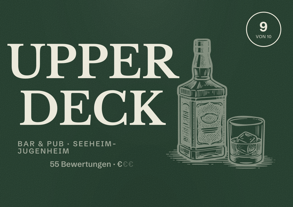 Illustriertes Poster von UPPER DECK, Bar & Pub in Seeheim-Jugenheim: Bewertung 9 von 10 aus 55 Bewertungen, Preisniveau €