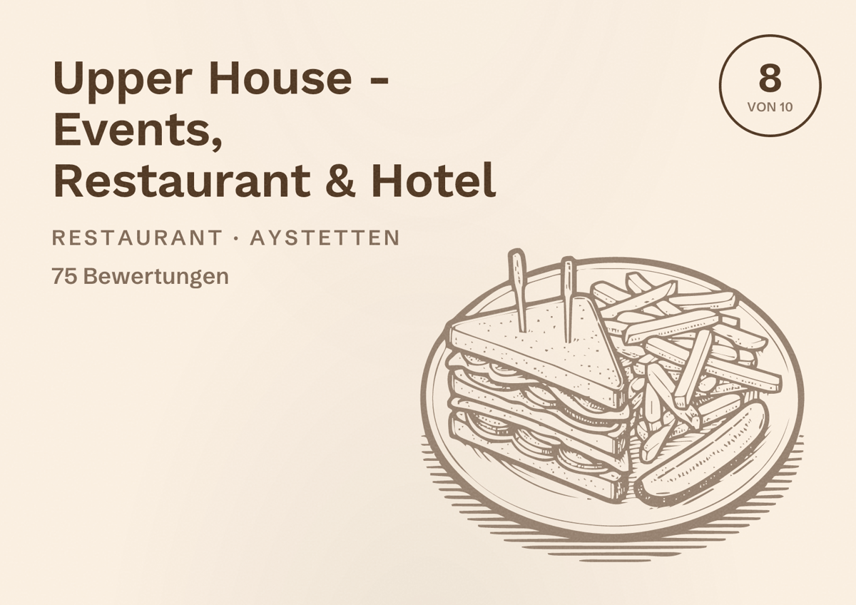 Illustriertes Poster von Upper House - Events, Restaurant & Hotel, Restaurant in Aystetten: Bewertung 8 von 10 aus 75 Bewertungen