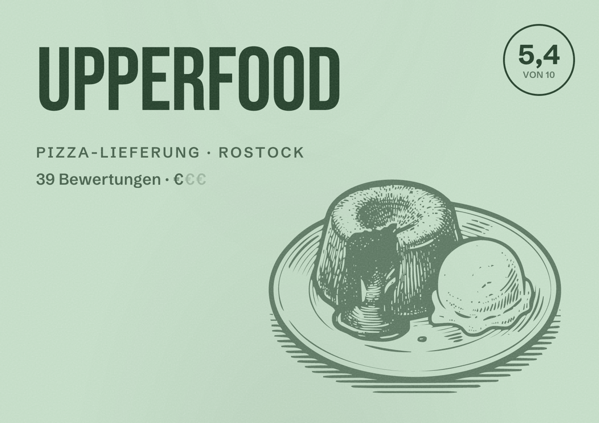 Illustriertes Poster von UpperFood, Pizza-Lieferung in Rostock: Bewertung 5,4 von 10 aus 39 Bewertungen, Preisniveau €