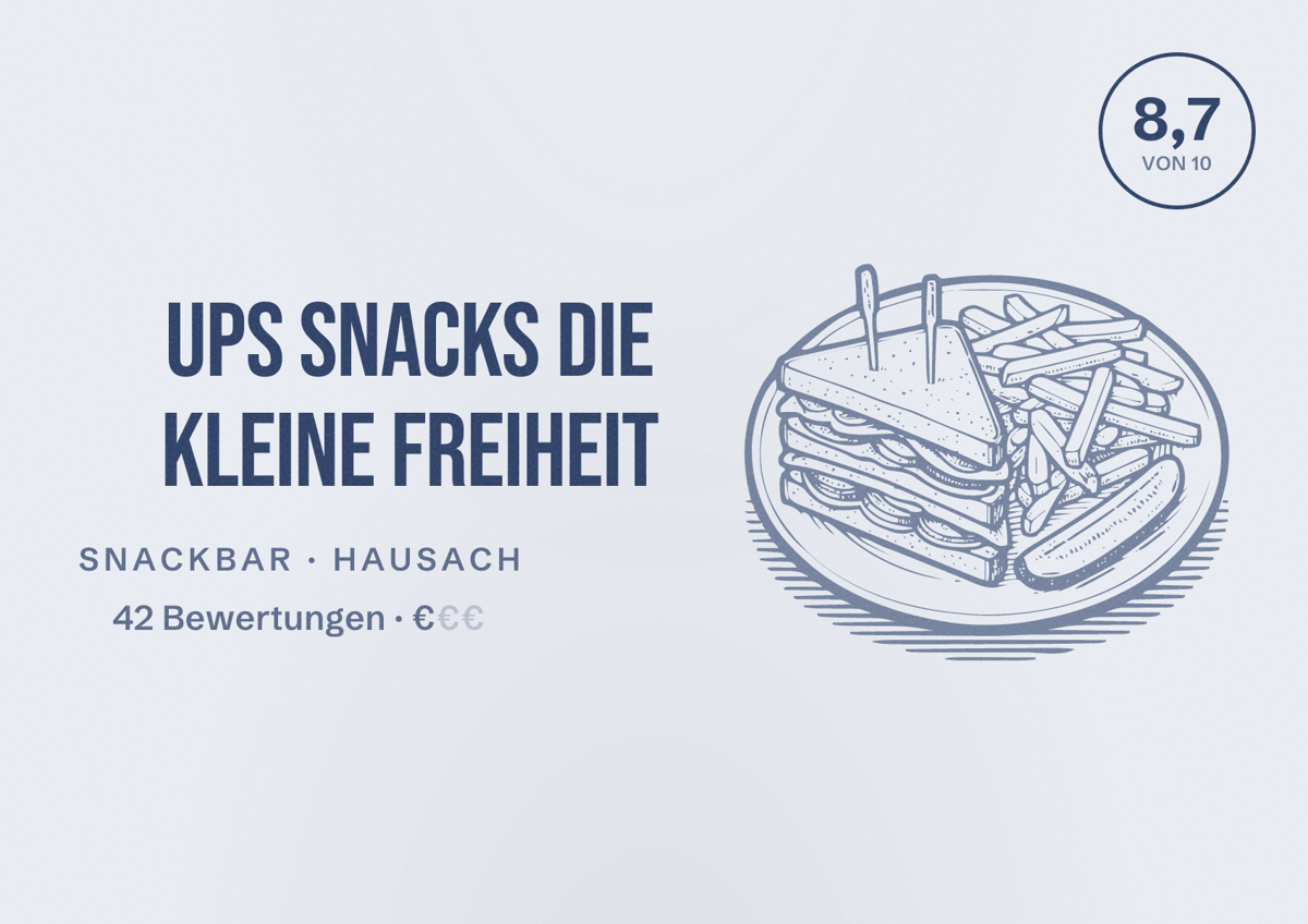 Illustriertes Poster von Ups Snacks die kleine Freiheit, Snackbar in Hausach: Bewertung 8,7 von 10 aus 42 Bewertungen, Preisniveau €