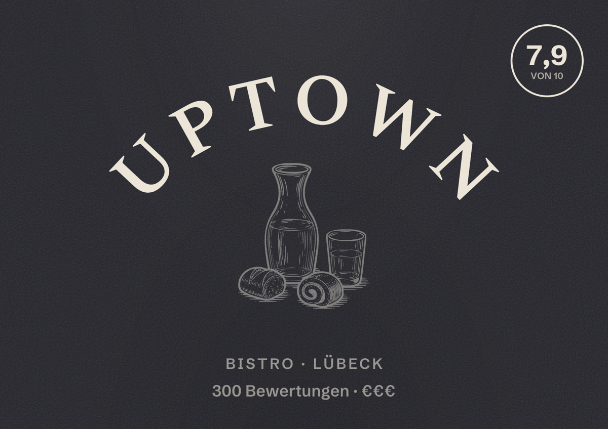 Illustriertes Poster von Uptown, Bistro in Lübeck: Bewertung 7,9 von 10 aus 300 Bewertungen, Preisniveau €€€