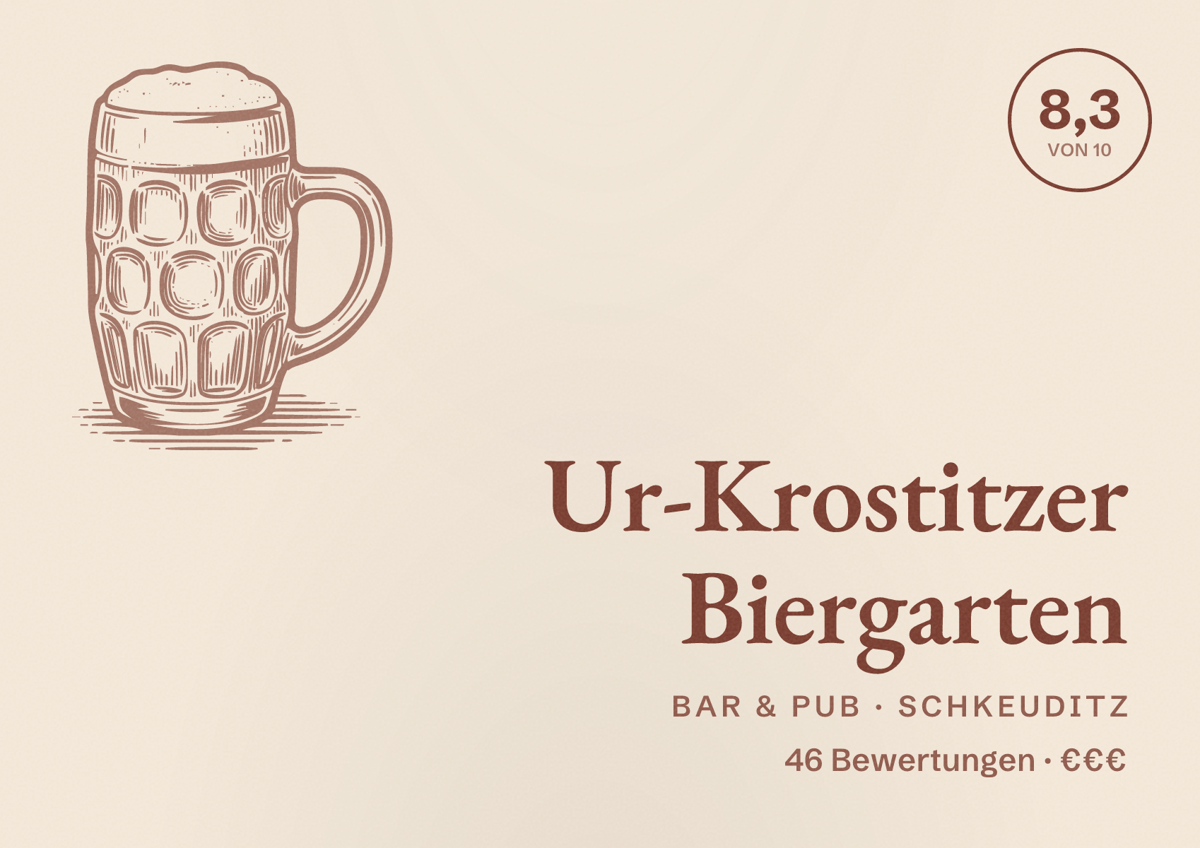 Illustriertes Poster von Ur-Krostitzer Biergarten, Bar & Pub in Schkeuditz: Bewertung 8,3 von 10 aus 46 Bewertungen, Preisniveau €€€