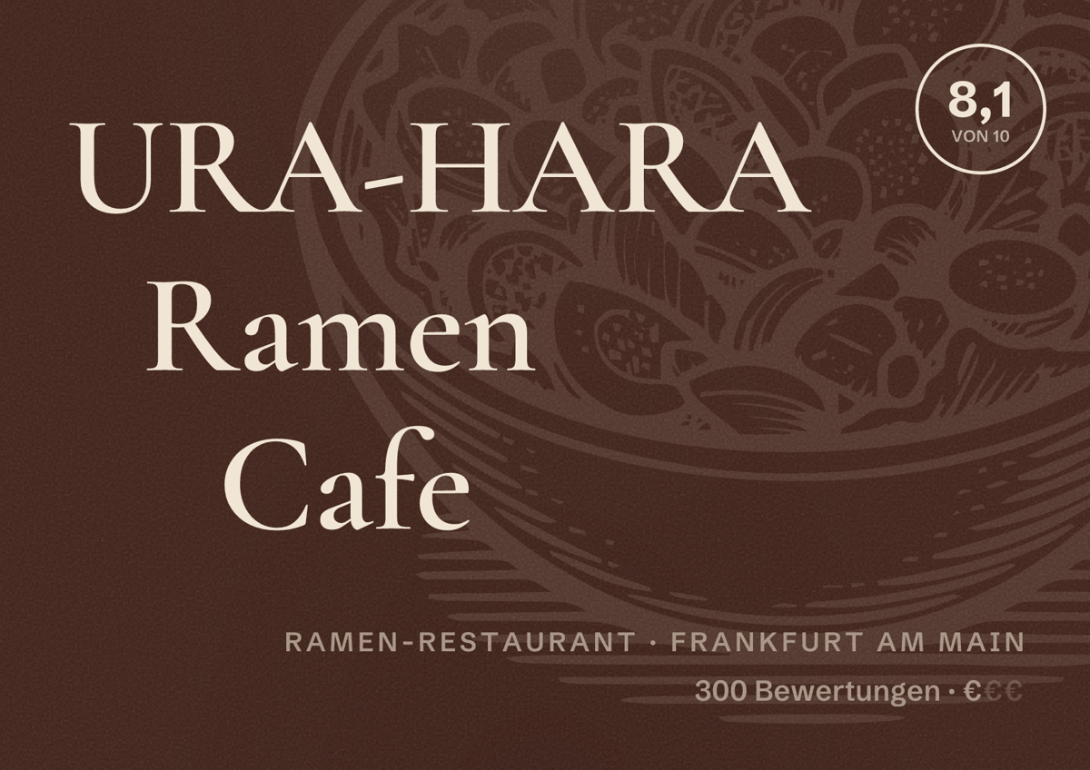 Illustriertes Poster von URA-HARA Ramen Cafe, Ramen-Restaurant in Frankfurt am Main: Bewertung 8,1 von 10 aus 300 Bewertungen, Preisniveau €