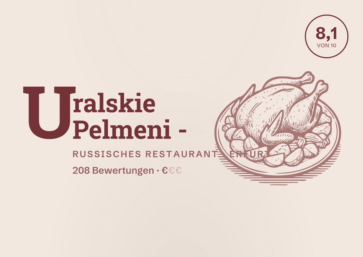 Illustriertes Poster von Uralskie Pelmeni -, Russisches Restaurant in Erfurt: Bewertung 8,1 von 10 aus 208 Bewertungen, Preisniveau €
