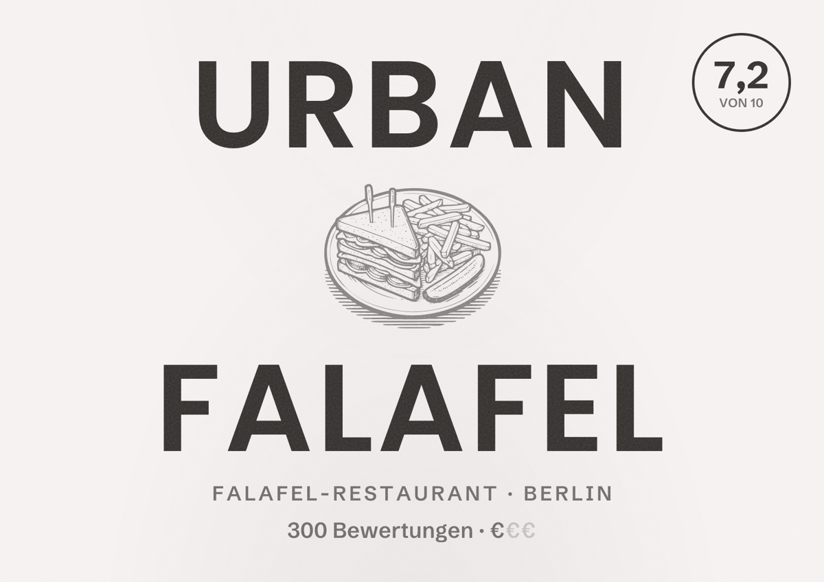 Illustriertes Poster von Urban Falafel, Falafel-Restaurant in Berlin: Bewertung 7,2 von 10 aus 300 Bewertungen, Preisniveau €