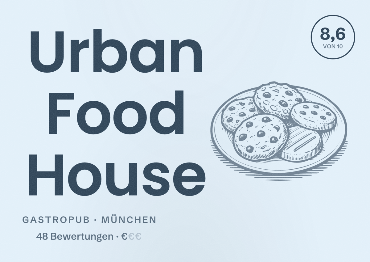Illustriertes Poster von Urban Food House, Gastropub in München: Bewertung 8,6 von 10 aus 48 Bewertungen, Preisniveau €
