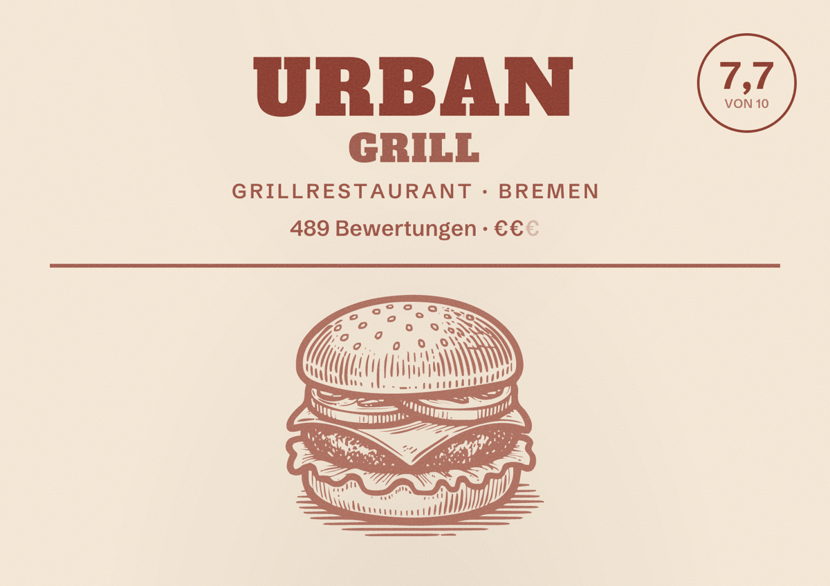 Illustriertes Poster von Urban Grill, Grillrestaurant in Bremen: Bewertung 7,7 von 10 aus 489 Bewertungen, Preisniveau €€