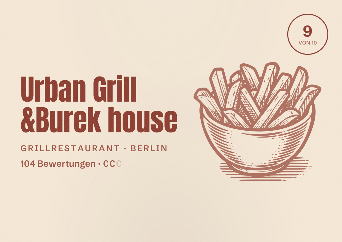 Illustriertes Poster von Urban Grill &Burek house, Grillrestaurant in Berlin: Bewertung 9,0 von 10 aus 104 Bewertungen, Preisniveau €€