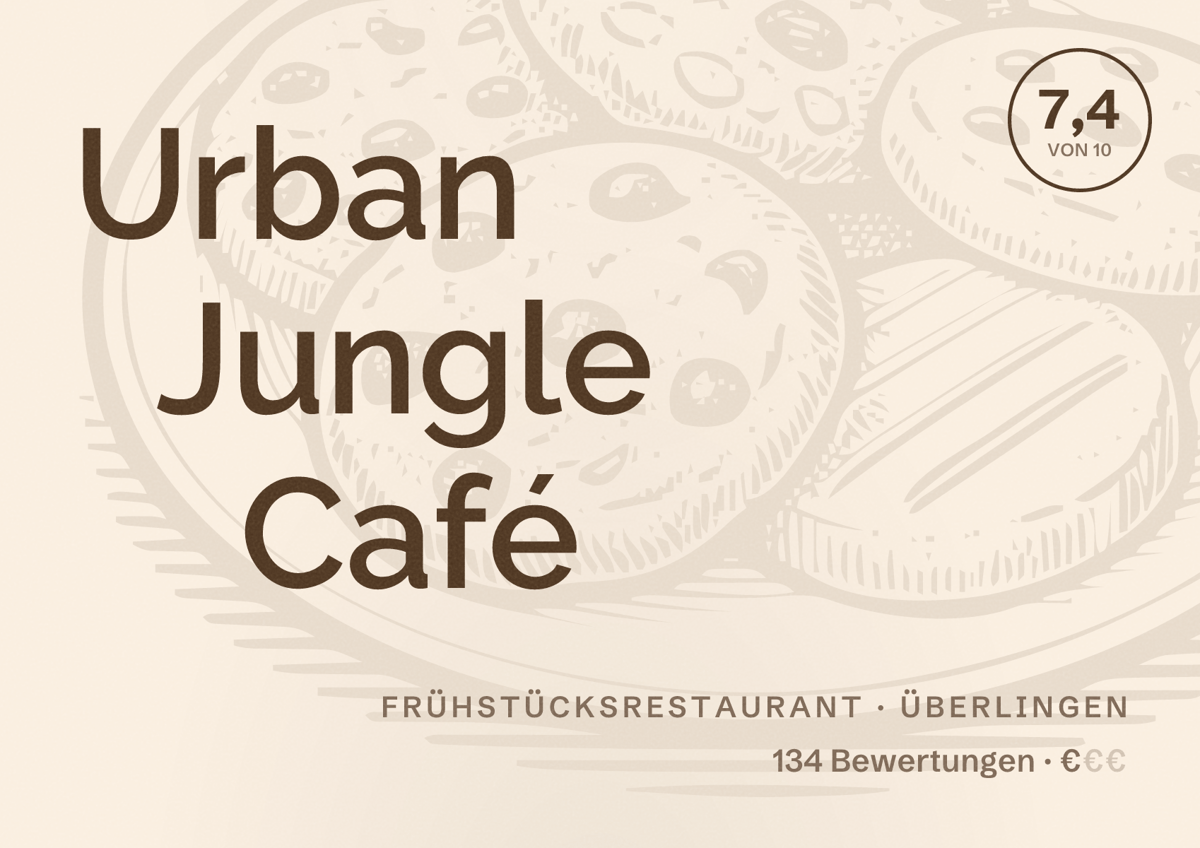 Illustriertes Poster von Urban Jungle Café, Frühstücksrestaurant in Überlingen: Bewertung 7,4 von 10 aus 134 Bewertungen, Preisniveau €