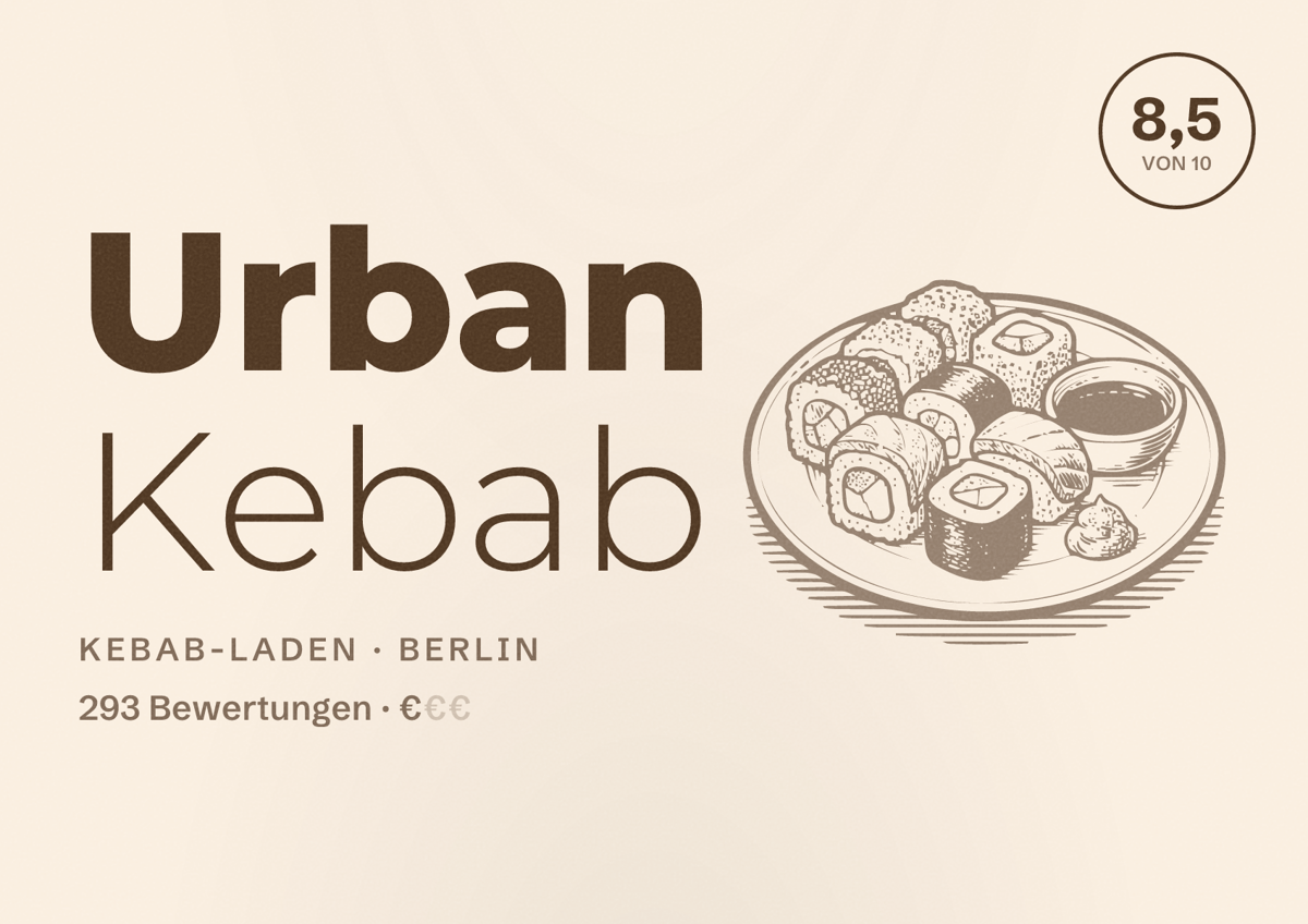 Illustriertes Poster von Urban Kebab, Kebab-Laden in Berlin: Bewertung 8,5 von 10 aus 293 Bewertungen, Preisniveau €