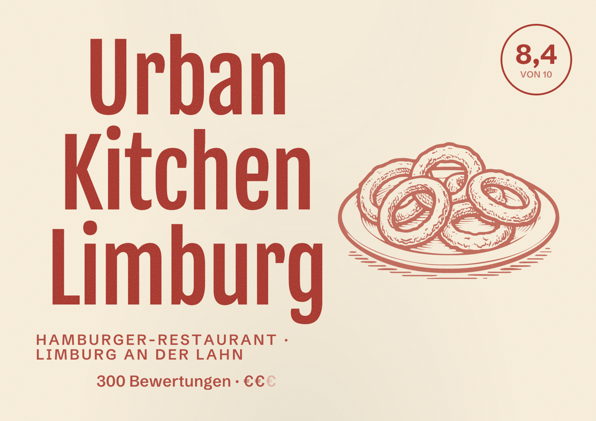 Illustriertes Poster von Urban Kitchen Limburg, Hamburger-Restaurant in Limburg an der Lahn: Bewertung 8,4 von 10 aus 300 Bewertungen, Preisniveau €€
