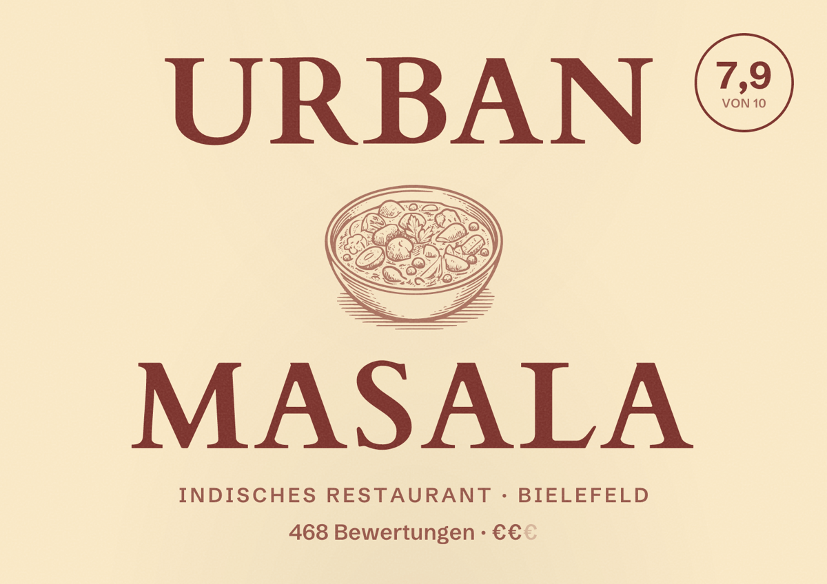 Illustriertes Poster von Urban Masala, Indisches Restaurant in Bielefeld: Bewertung 7,9 von 10 aus 468 Bewertungen, Preisniveau €€