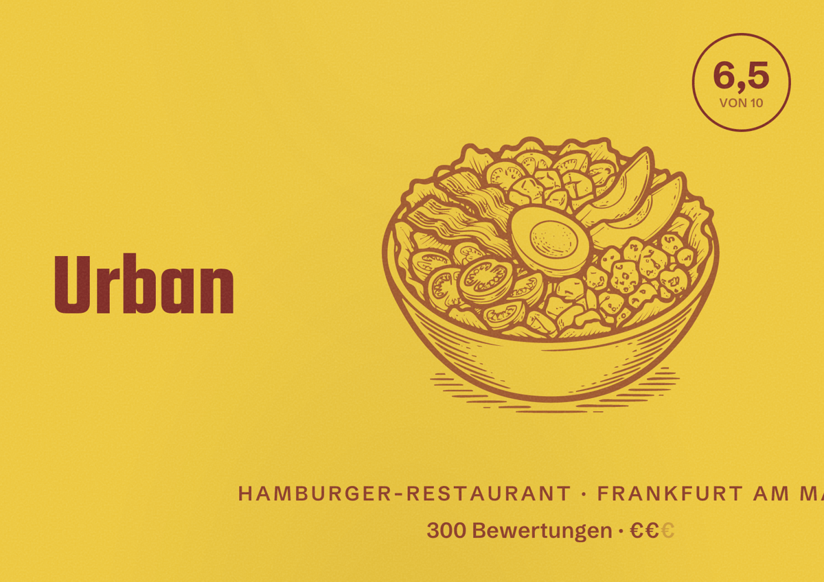 Illustriertes Poster von Urban Ranch, Hamburger-Restaurant in Frankfurt am Main: Bewertung 6,5 von 10 aus 300 Bewertungen, Preisniveau €€