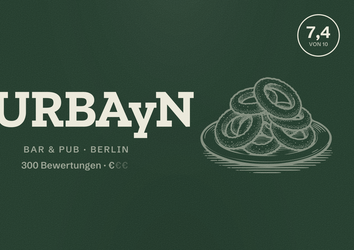 Illustriertes Poster von URBAyN, Bar & Pub in Berlin: Bewertung 7,4 von 10 aus 300 Bewertungen, Preisniveau €