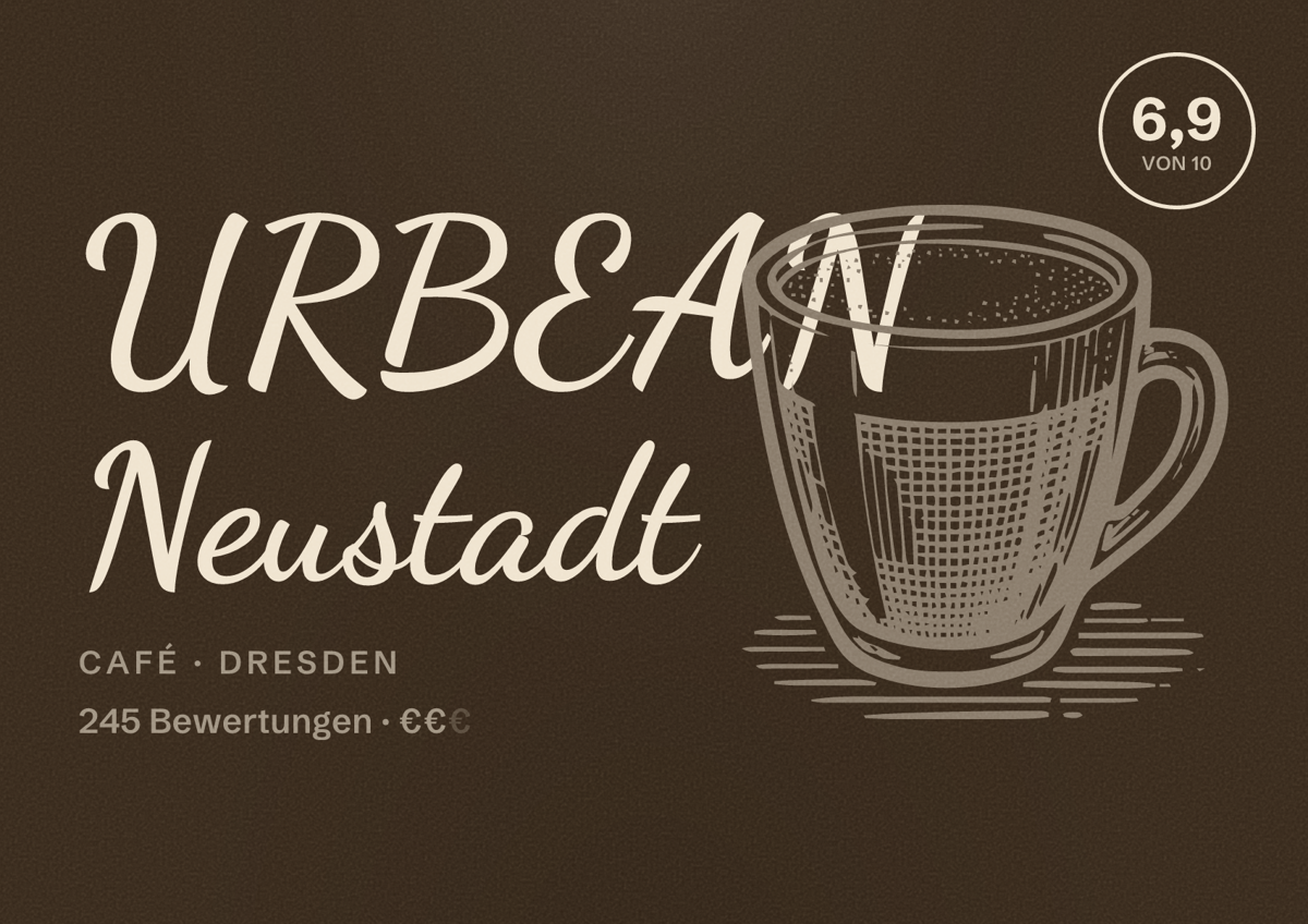 Illustriertes Poster von URBEAN Neustadt, Café in Dresden: Bewertung 6,9 von 10 aus 245 Bewertungen, Preisniveau €€