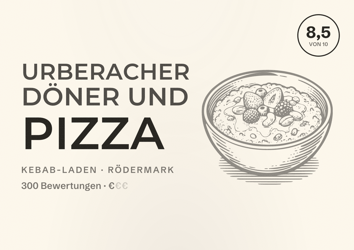 Illustriertes Poster von Urberacher Döner und Pizza, Kebab-Laden in Rödermark: Bewertung 8,5 von 10 aus 300 Bewertungen, Preisniveau €