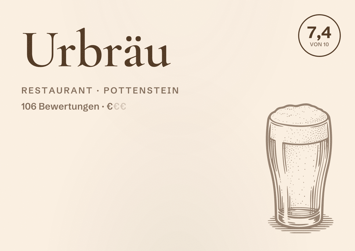 Illustriertes Poster von Urbräu, Restaurant in Pottenstein: Bewertung 7,4 von 10 aus 106 Bewertungen, Preisniveau €
