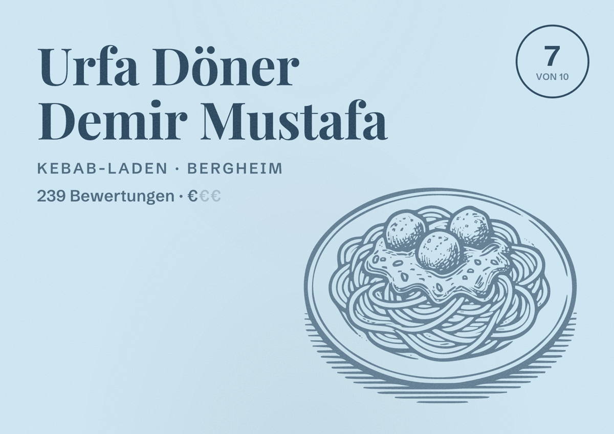 Illustriertes Poster von Urfa Döner Demir Mustafa, Kebab-Laden in Bergheim: Bewertung 7 von 10 aus 239 Bewertungen, Preisniveau €